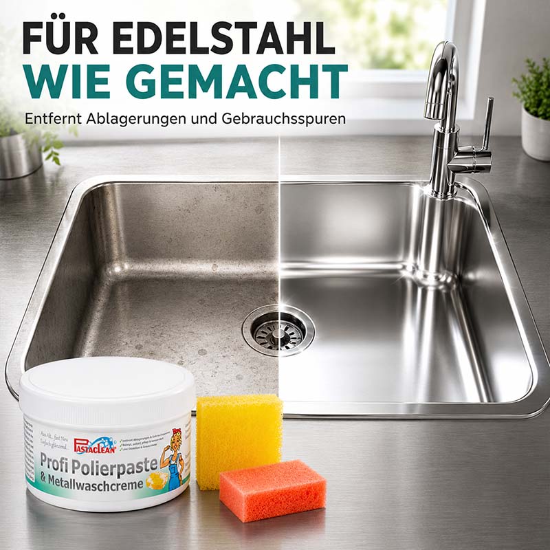 Profi Polierpaste 500g für Edelstahlreinigung, entfernt Ablagerungen und Gebrauchsspuren, Vergleich vorher-nachher bei Spüle, Metallwaschcreme, Reinigungspaste, Küchenpflege, Edelstahlpflege, Reinigungslösung, Spülbeckenreiniger, Oberflächenpolitur.