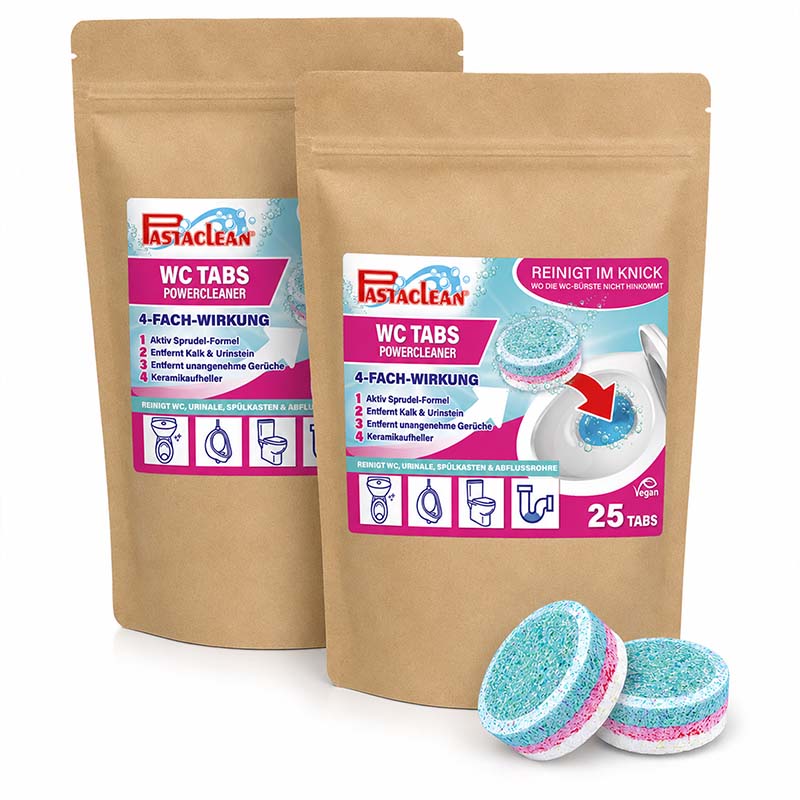 WC Tabs Powercleaner, Toilettenreiniger, 50 Stück, 4-fach Wirkung, reinigt WC, Spülkasten, Urinale, entfernt Kalk und Urinstein, beseitigt Gerüche, keramiksicher, vegan, Verpackung mit zwei Beuteln à 25 Tabs, spezieller Sprudel-Effekt.
