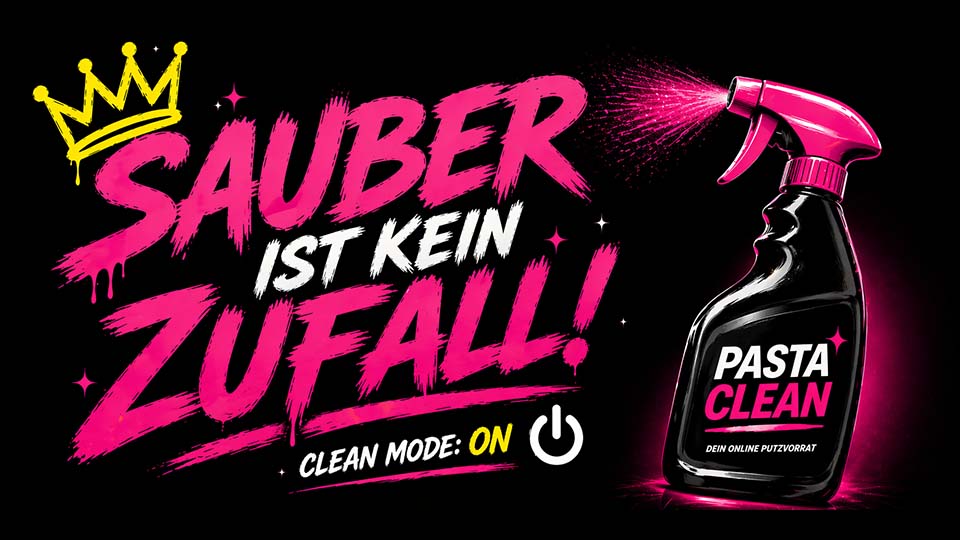 Reinigungsspray, Pasta Clean, Sprühflasche, Sauberkeit, Reinigungsmittel, Putzmittel, Werbegrafik, Haushaltsreinigungsprodukte, effektive Reinigung, Hygieneprodukte, intensive Reinigungskraft, Online-Versand Putzvorrat, Reinigungsbedarf bestellen.