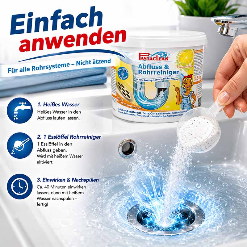 Pastaclean Abflussreiniger Meeresbrise 3,5 kg, Rohrreiniger, einfach anzuwenden, nicht ätzend, entfernt Fett und Gerüche, Anleitung enthalten, für alle Rohrsysteme, sicheres Nachspülen.