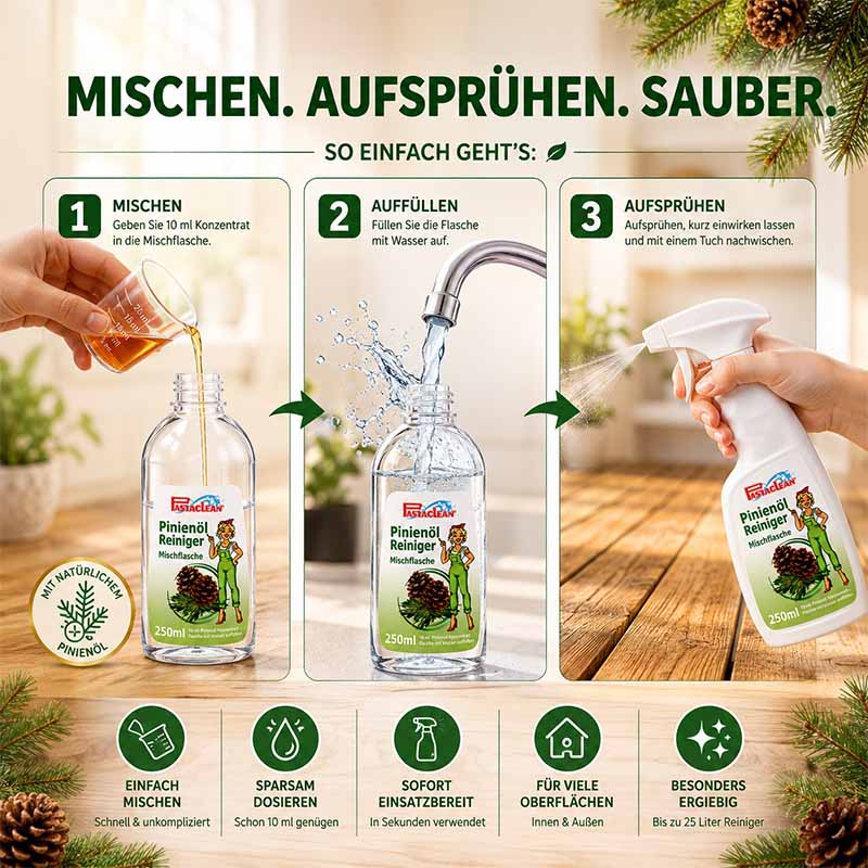 Pinienölreiniger Konzentrat Allzweckreiniger 1000ml mit Zubehör; Anleitung: Mischen 10ml mit Wasser, Aufsprühen. Geeignet für viele Oberflächen, schnelles Mischen, sparsam dosieren, hoher Ertrag, ideal für Innen- und Außenbereich.
