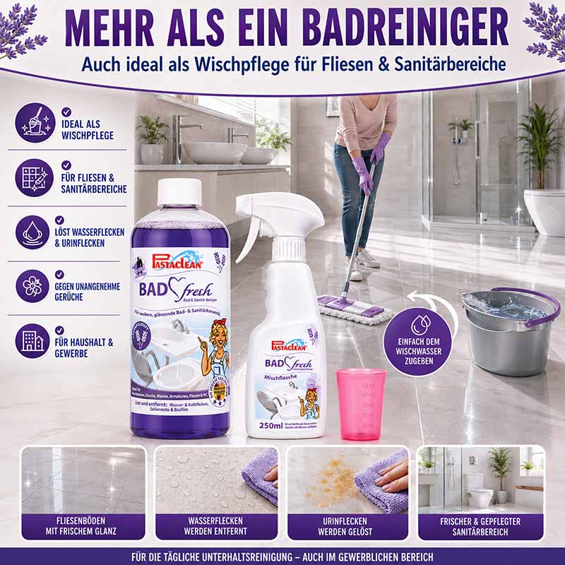 Badfresh Badreiniger Konzentrat mit echtem Lavendelöl, 1.000 ml. Ideal als Wischpflege für Fliesen und Sanitärbereiche. Entfernt Wasser- und Urinflecken, neutralisiert Gerüche. Für Haushalt und Gewerbe geeignet.