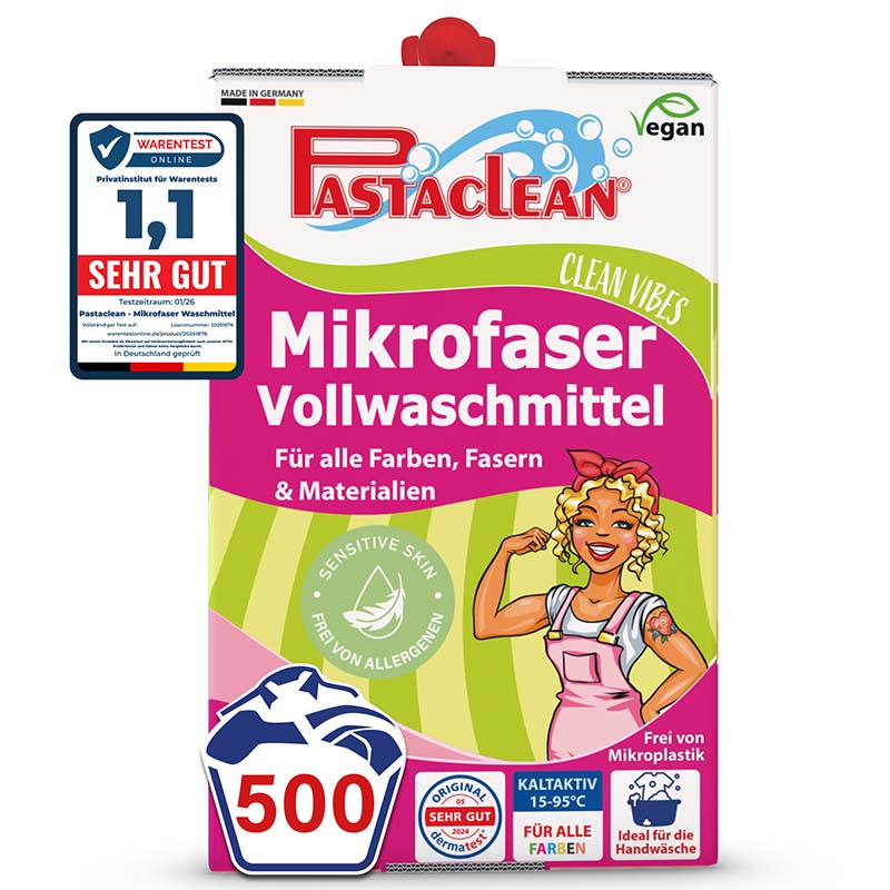 Pastaclean Mikrofaser Vollwaschmittel, Flüssigwaschmittel Konzentrat, 500 Wäschen, Universal Waschmittel, geeignet für alle Farben, Fasern und Materialien, vegan, frei von Mikroplastik, ideal für Handwäsche, dermatologisch getestet.