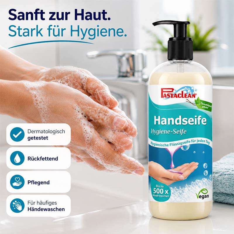 Handseife 1000 ml, dermatologisch getestet, pflegend, rückfettend, geeignet für häufiges Händewaschen, Hygiene Seife, sanft zur Haut, vegan, Pastaclean, flüssige Seife, bis zu 500 Anwendungen, stark für Hygiene, Flüssigseife für jeden Tag