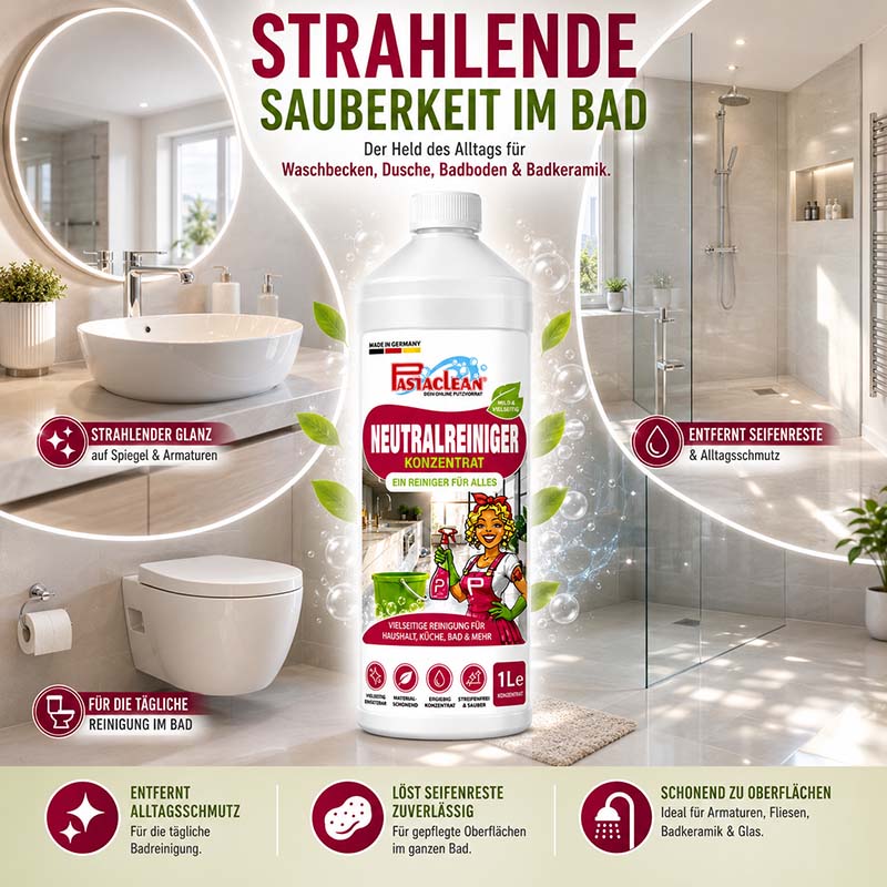 Pastaclean Neutralreiniger Konzentrat 1 L, Allzweckreiniger für Küche, Bad, Böden und Fenster, entfernt Seifenreste und Alltagsverschmutz, ideal für Armaturen, Fliesen, Badkeramik und Glas, für strahlenden Glanz.