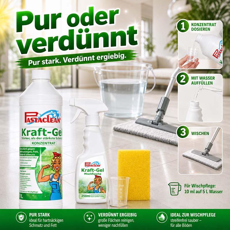 Pastaclean Kraftgel Reinigungskonzentrat Set mit Reinigungshandschuh, ideal für hartnäckigen Schmutz und Fettentfernung auf allen Böden, pur oder verdünnt anwendbar, inklusive Sprühflasche und Zubehör.