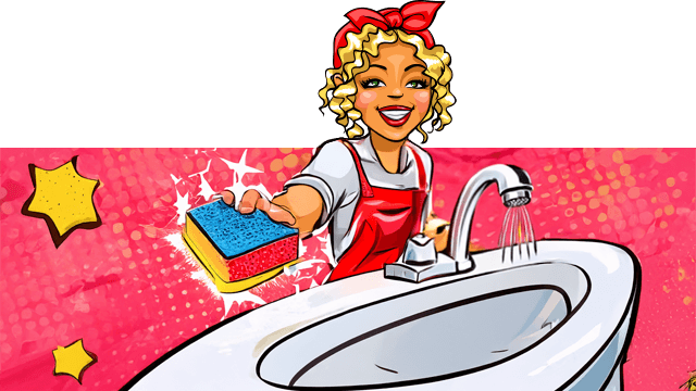 Miss Pastaclean poliert Waschbecken mit Scheuermilch von Pastaclean Miss Pastaclean poliert Waschbecken mit Scheuermilch von Pastaclean