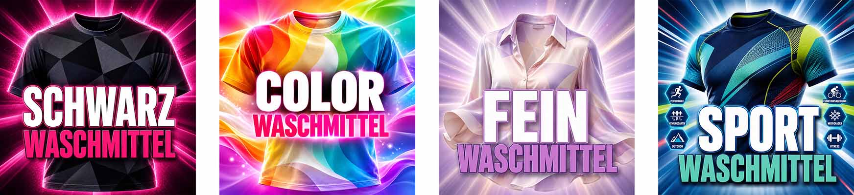 Waschmittel für schwarze Kleidung, ideal für Pflege und Farbschutz; Color Waschmittel für bunte Textilien, erhält Leuchtkraft; Feinwaschmittel für empfindliche Stoffe; Sportwaschmittel für Funktionskleidung, optimiert für Outdoor- und Fitness-Aktivitäten.
