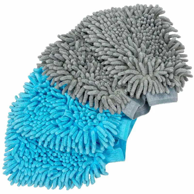 4X Waschhandschuh für Haushalt, Auto und Fahrrad - Chenille Handschuh (Blau/Grau)