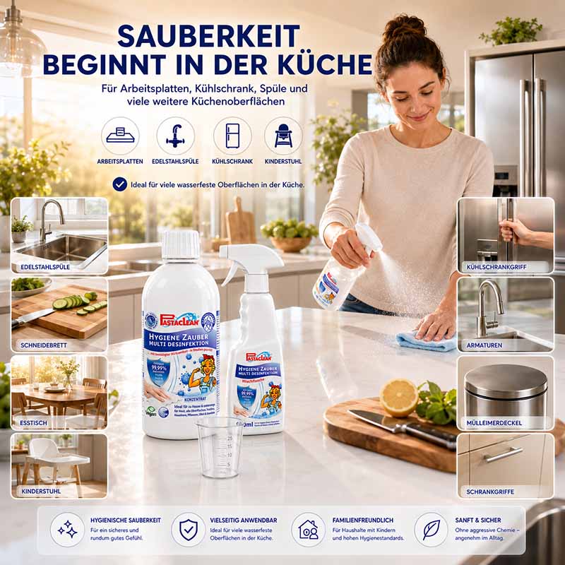 Pastaclean Hygiene Zauber Flächendesinfektion Konzentrat (3x 500 ml) für Oberflächenreinigung in Küche, ideal für Arbeitsplatten, Edelstahlspülen, Kühlschrankgriffe und Kindermöbel.