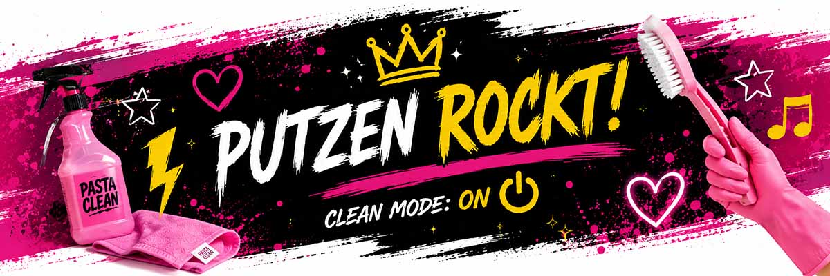 Putzen rockt Banner mit Pastaclean Reiniger, pinkem Putzdesign, Clean Mode ON, moderner Putzmotivation, Lifestyle Reinigung und energiegeladenem Zuhause Feeling