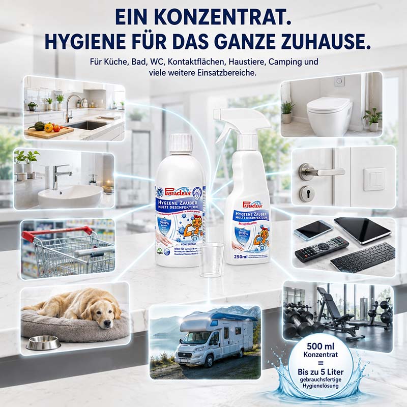 Pastaclean Flächendesinfektion Konzentrat für Oberflächen im Haushalt, Küche, Bad, WC, Haustiere, Camping und andere Einsatzbereiche, 3x 500 ml Desinfektionsmittel, bis zu 5 Liter fertige Hygienelösung