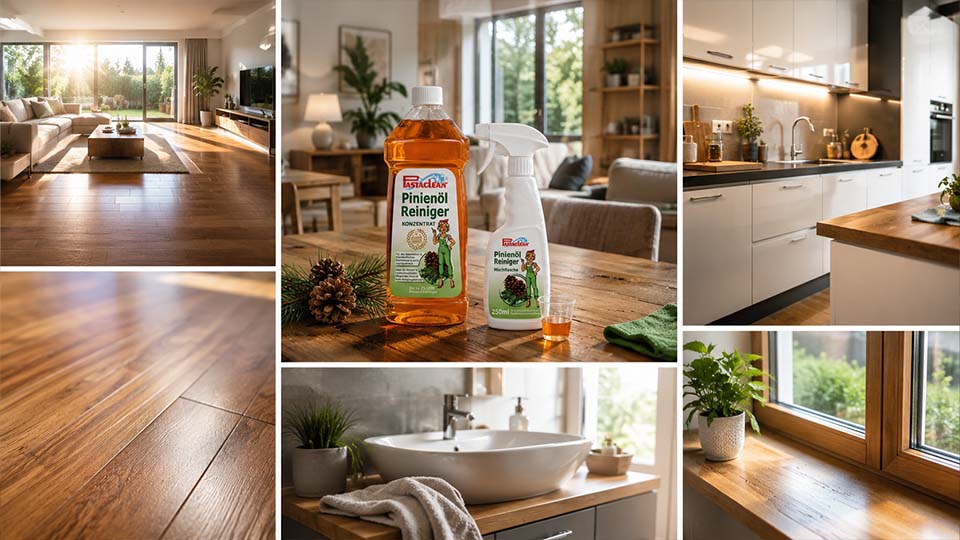 Pastaclean Pinienöl Reiniger Konzentrat für Holz, Parkett, Laminat und viele weitere Oberflächen in einem modernen Zuhause mit gepflegten Wohnräumen, Küche, Bad und Fensterbereichen.