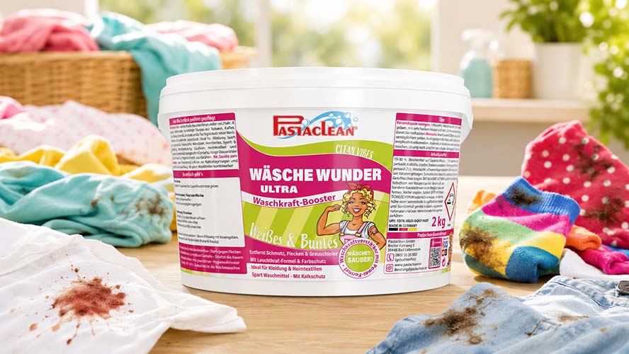 Verschiedene Textilien auf einer Wäscheleine in einer hellen Waschküche