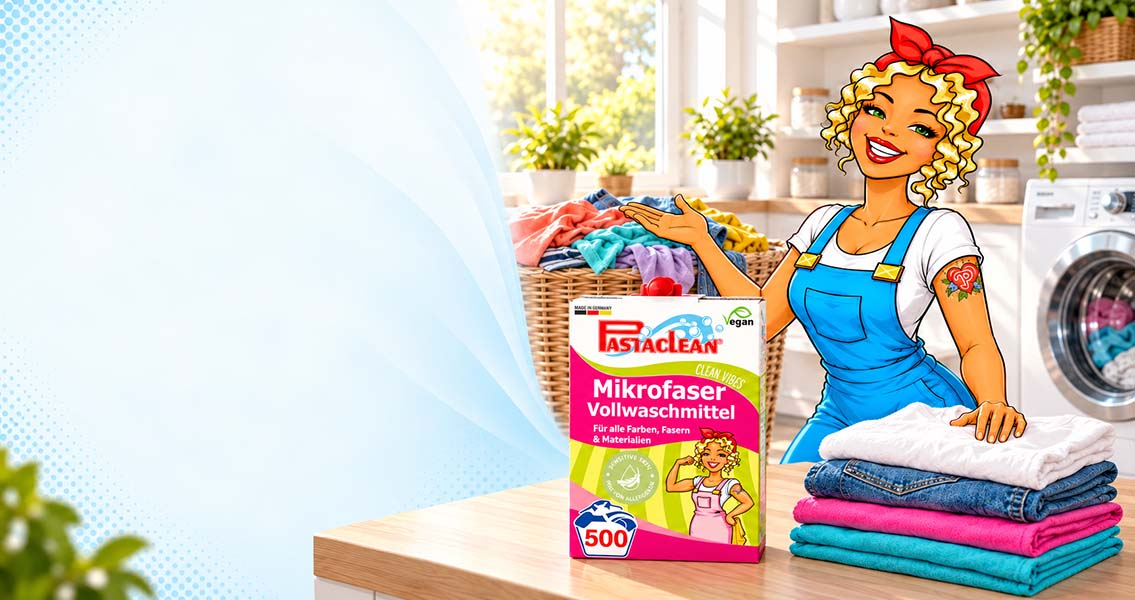 Miss Pastaclean mit Mikrofaser Vollwaschmittel und frischer Wäsche in einer modernen Waschküche
