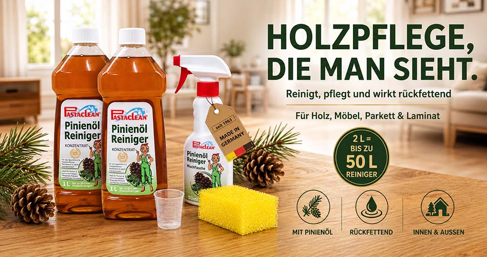 Pastaclean Pinienöl Reiniger Konzentrat für Holzpflege, Möbel, Parkett und Laminat, mit rückfettender Wirkung, Made in Germany, geeignet für innen und außen, 2 Liter ergeben bis zu 50L Reiniger, inklusive Messbecher und Schwamm.