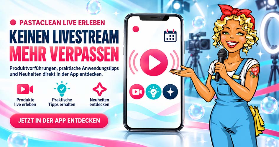 Pastaclean Live-App, um Livestreams zu erleben, Produkttipps und Neuheiten zu entdecken, mit Fokus auf praktische Anwendungsbeispiele und Vorführungen.