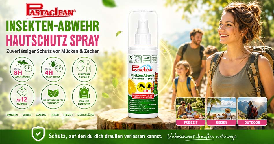 Pastaclean Insektenabwehr Hautschutz Spray gegen Mücken und Zecken, pflanzenbasierter Wirkstoff, geeignet für Körper und Gesicht, ideal beim Wandern, Garten, Camping, Reisen, Freizeit und Spaziergängen.