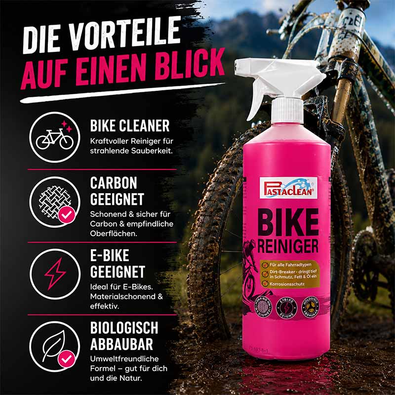 Fahrradreiniger Spray 1 Liter, ideal für alle Fahrradtypen, auch E-Bikes, carbongeeignet, biologisch abbaubar, kraftvoller Bike Cleaner für Sauberkeit, Materialschonung, effektive Reinigung von Schmutz, Fett, Öl, mit Korrosionsschutz.