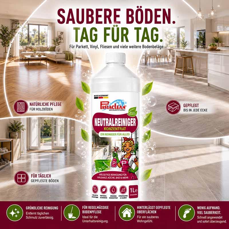 Pastaclean Neutralreiniger Konzentrat 1 L, Allzweckreiniger für Küche, Bad, Böden und Fenster, natürliche Pflege für Holzböden, vielseitige Reinigung für verschiedene Oberflächen, effektive Schmutzentfernung.
