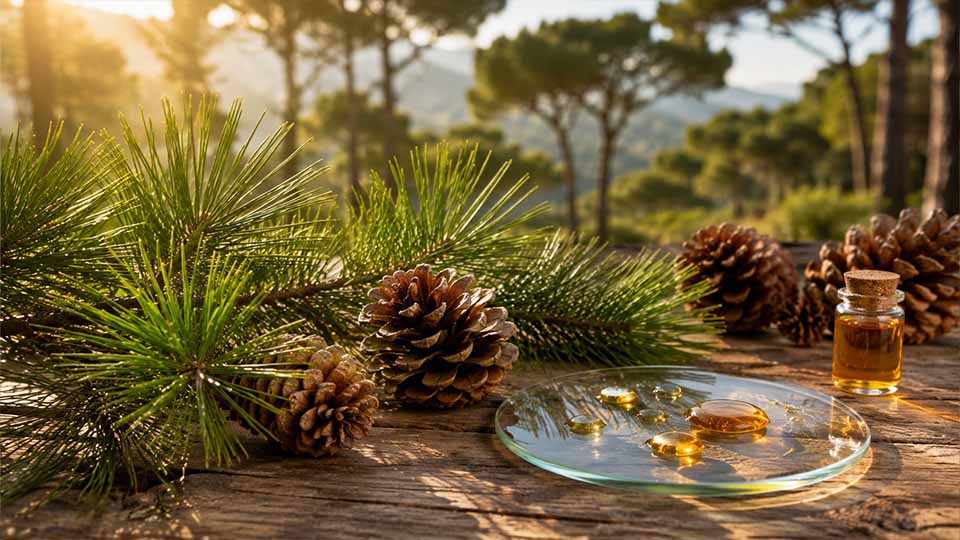 Frische Piniennadeln, Pinienzapfen und goldfarbene Tropfen ätherischen Pinienöls auf einem Holztisch vor einem mediterranen Pinienwald. Das Bild zeigt die natürliche Herkunft und Wertigkeit des Rohstoffs für den Pastaclean Pinienöl Reiniger.