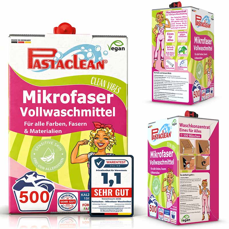 Pastaclean Mikrofaser Vollwaschmittel, vegan, für alle Farben und Materialien, 500 Wäschen, für empfindliche Haut, mit Warentest-Bewertung "Sehr Gut" 1,1, Hochkonzentrat Waschmittel, made in Germany.
