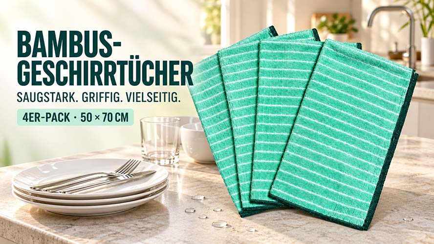 Bambus Geschirrtücher 4er-Pack 50x70 cm saugstark, griffig, vielseitig für Küche, ideal zum Abtrocknen und Reinigen von Geschirr und Oberflächen