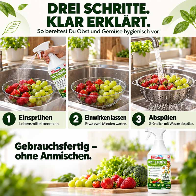Pastaclean Obst und Gemüse Desinfektion 1L zur hygienischen Reinigung von Lebensmitteln, gebrauchsfertig ohne Anmischen, für frische und saubere Früchte und Gemüse, sicher für den Haushalt.