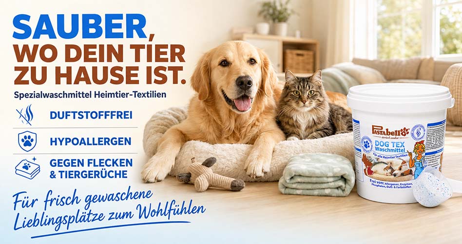 Pastaclean Dog Tex Waschmittel für Heimtier-Textilien, duftstofffrei, hypoallergen, gegen Flecken und Tiergerüche, für frisch gewaschene Tierplätze im Innenbereich.