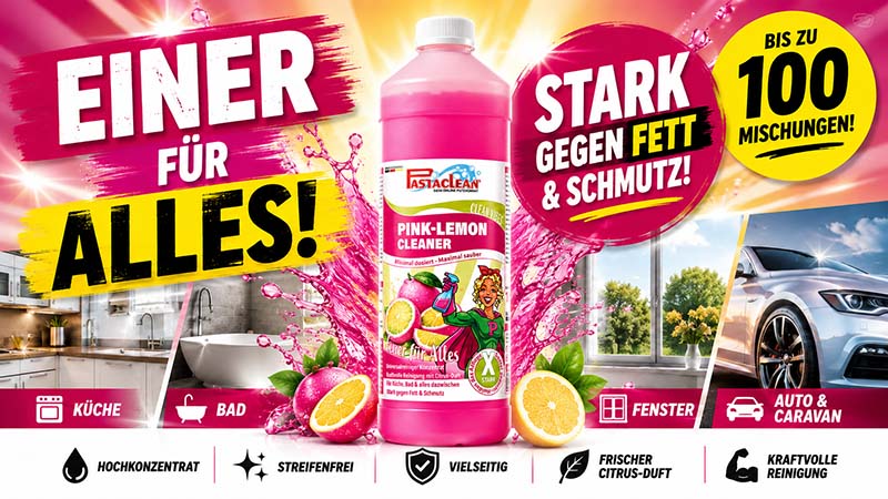 Pastaclean Pink Lemon Cleaner, hochkonzentrierter Allzweckreiniger mit frischem Citrus-Duft für Küche, Bad, Fenster, Auto und Caravan, entfernt Fett und Schmutz effektiv.