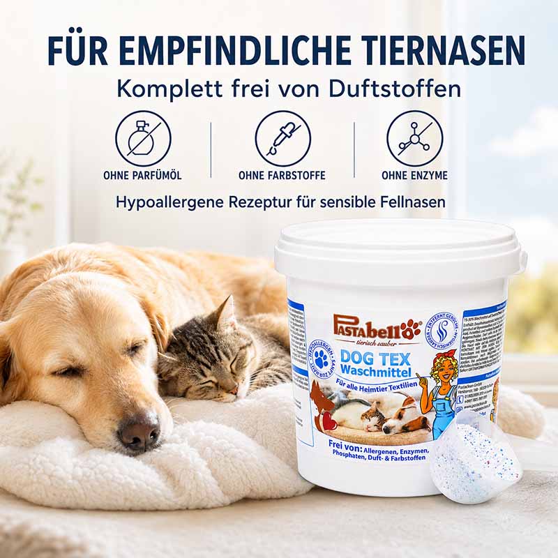 Pastabello DOG TEX Waschmittel 1 kg, Spezialwaschmittel für Hunde-und Katzenbett, hypoallergen, ohne Parfümöl, Farbstoffe oder Enzyme, geeignet für empfindliche Tiernasen, ideal für Heimtiertextilien.