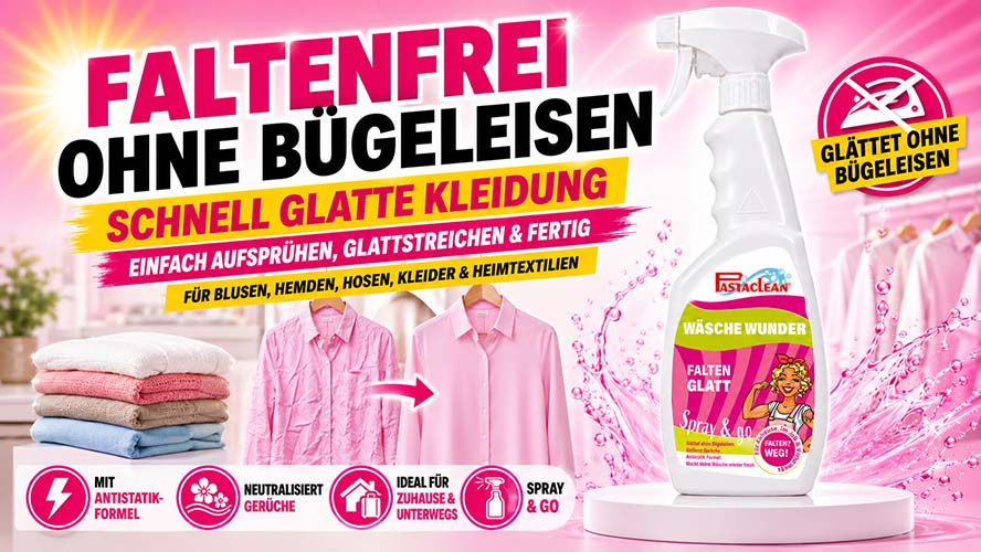 Pastaclean Wäsche Wunder Spray & Go Faltenfrei für glatte Kleidung ohne Bügeleisen, ideal für Blusen, Hemden, Hosen, Kleider und Heimtextilien dank Antistatik-Formel und Geruchsneutralisation.