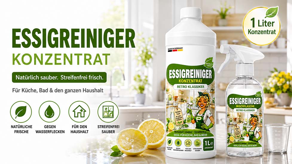 Essigreiniger Konzentrat, natürlicher Haushaltsreiniger gegen Wasserflecken und für streifenfreie Sauberkeit in Küche und Bad, 1 Liter, ideal für den gesamten Haushalt.