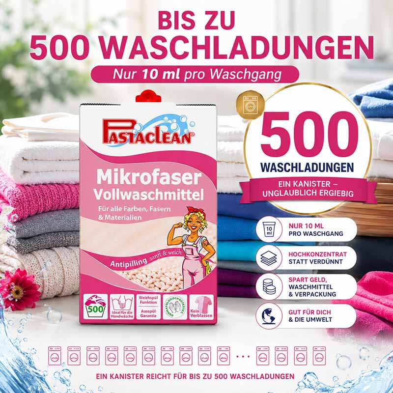 Pastaclean Mikrofaser Vollwaschmittel Antipilling 5 Liter, 500 Waschladungen, für alle Farben, Fasern, Materialien, ideal für Handwäsche, kein Verblassen, nur 10 ml pro Waschgang, hochkonzentriert, spart Geld und Verpackung.