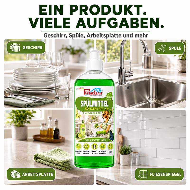 Pastaclean Spülmittel Konzentrat 500 ml Geschirrspülmittel mit Schnell-Trocken-Formel, fettlösend, streifenfrei für Geschirr, Spüle, Arbeitsplatte, umweltfreundlich, frischer Duft, stark gegen Fett und Stärke.