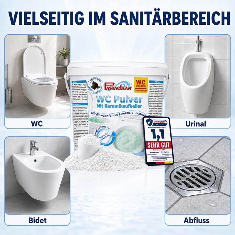 Pastaclean WC Schaumreiniger kraftvoll gegen Kalk und Urinstein geeignet für WC, Urinal und Bidet mit Einweichformel und Antikalk-Booster, 1 kg.