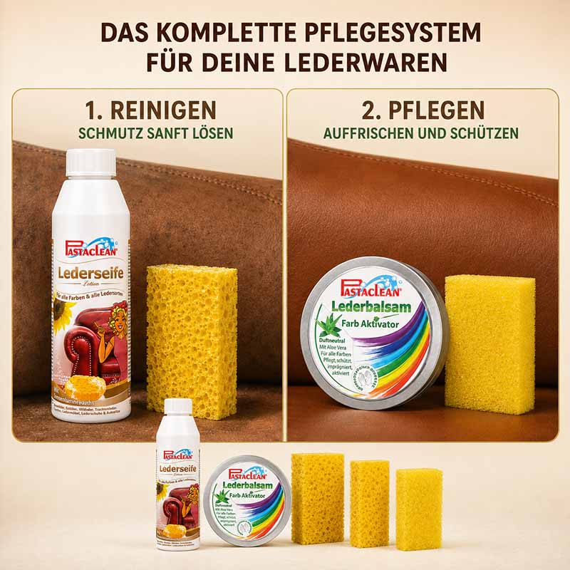 Pastaclean Lederpflege Set 5tlg, Lederseife zur schonenden Reinigung und Lederbalsam Farbaktivator zur Pflege, geeignet für alle Lederarten, inklusive Schwämme zur Anwendung und Auffrischung von Lederwaren.