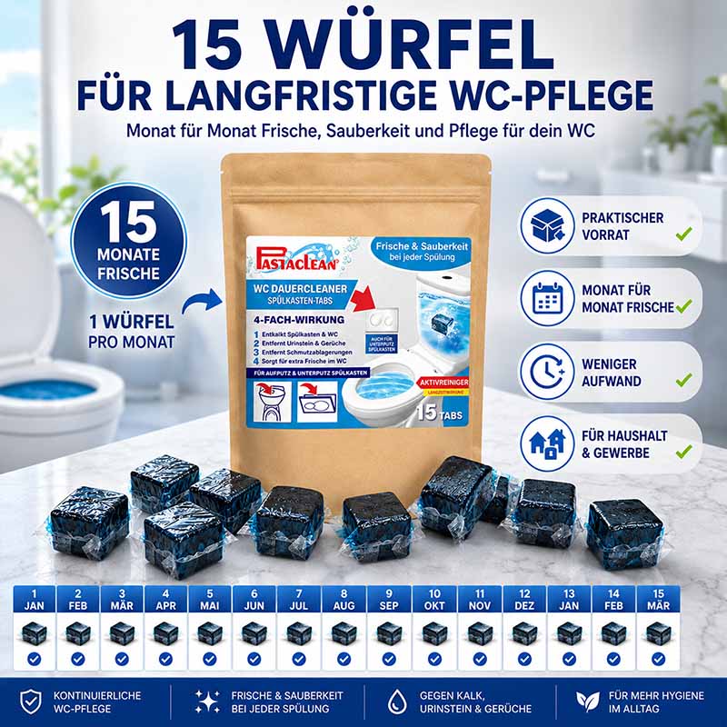 15 Spülkasten Tabs, Wasserkastenwürfel mit Aktivreiniger, 15 Monate Frische, WC-Pflege, Entkalkt, Entfernt Urinstein, Gegen Gerüche, Praktischer Vorrat, Sauberkeit bei jeder Spülung, Weniger Aufwand, Haushalt und Gewerbe, Monatliche Anwendung.