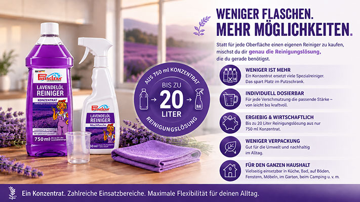 Lavendelöl Reiniger Konzentrate, vielseitig einsetzbar, bis zu 20 Liter Reinigungslösung, umweltfreundlich, weniger Verpackung, individuell dosierbar, geeignet für Küche, Bad, Böden, Möbel, Garten, Camping, sparsam, ergiebig, multifunktional.