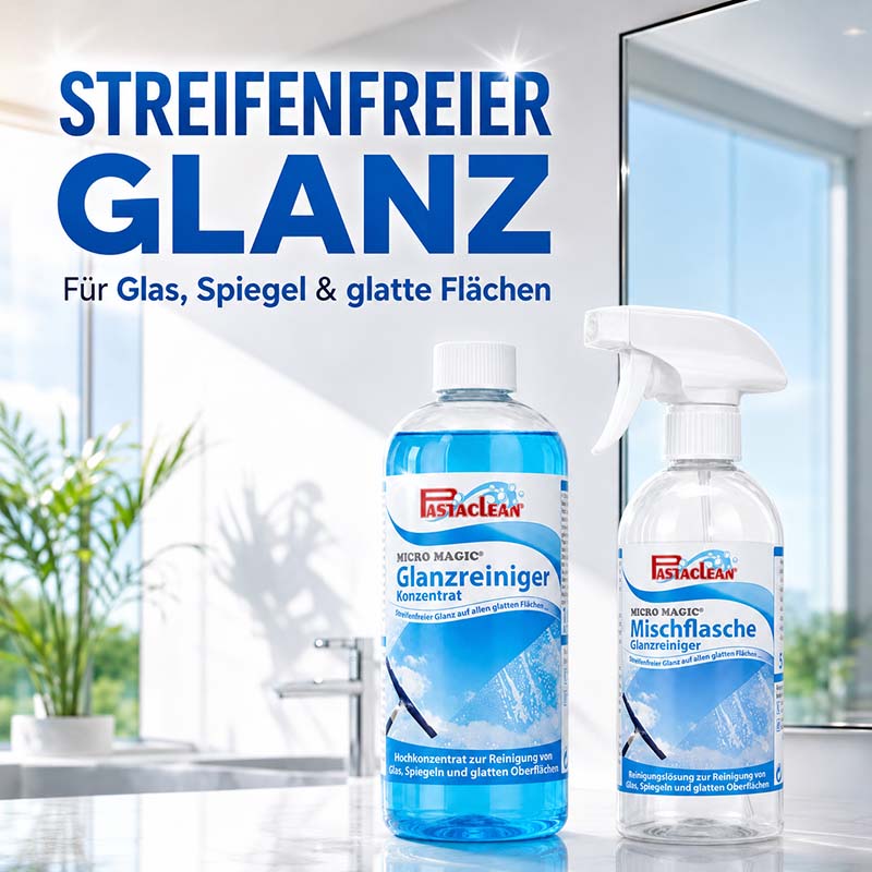 Pastaclean Micro Magic Glasreiniger Konzentrat für streifenfreien Glanz auf Glas, Spiegeln und glatten Flächen, 750 ml, ideal zur Reinigung im Haushalt und Bad.