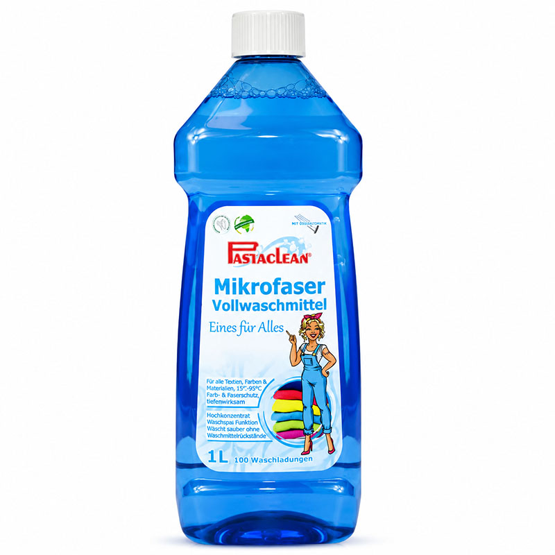 Pastaclean Mikrofaser Vollwaschmittel flüssig für alle Farben und Textilien, 1 Liter, konzentriert für tiefenwirksame Reinigung und Faserschutz, geeignet für diverse Materialien