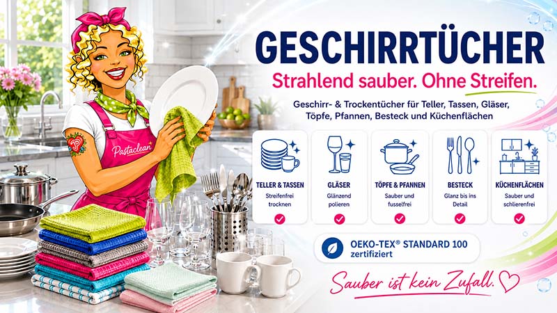 Pastaclean Geschirrtücher für streifenfreies Trocknen von Tellern, Gläsern, Töpfen und Besteck in der Küche, OEKO-TEX zertifiziert.