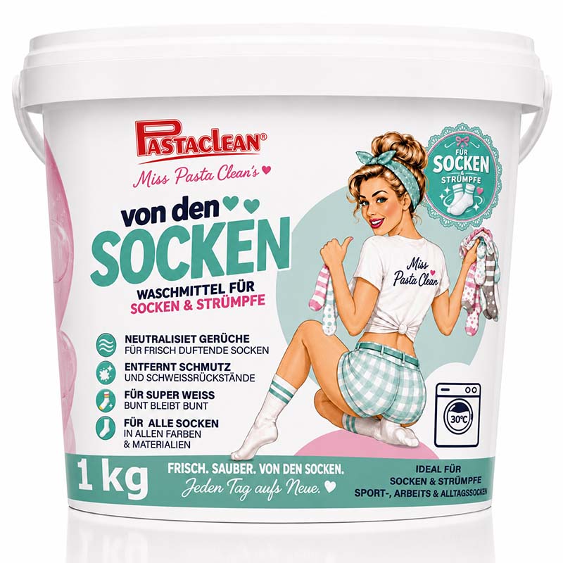 Pastaclean Waschmittel für Socken und Strümpfe, 1 kg, neutralisiert Gerüche, entfernt Schweißrückstände, für weiß und bunt, ideal für Sport- und Alltagssocken, Frischeduft.