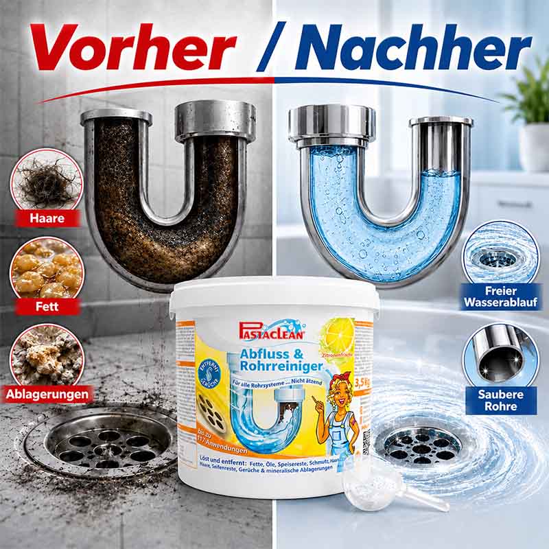 Pastaclean Abfluss- & Rohrreiniger Meeresbrise 3,5Kg, Vorher-Nachher-Effekt, beseitigt Haare, Fett, Ablagerungen, nicht ätzend, für alle Rohrsysteme, sorgt für freien Wasserablauf und saubere Rohre.