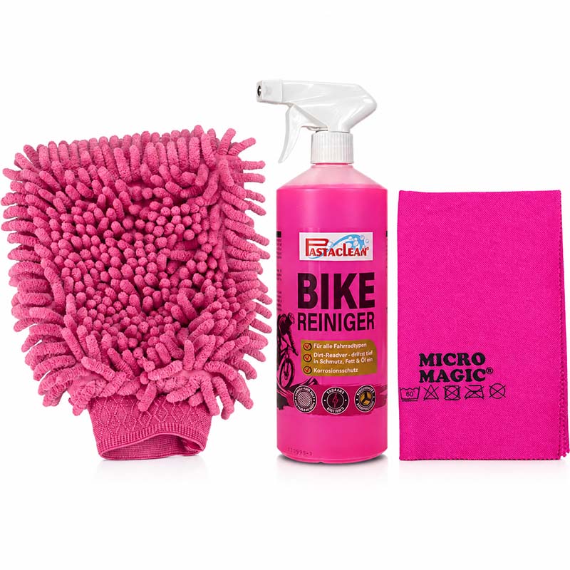 Pastaclean Fahrrad Reinigungsset mit 1000ml Fahrradreiniger, pinkem Waschhandschuh und Micro Magic Poliertuch für die Reinigung und Pflege von Fahrradrahmen, Kette und E-Bike.
