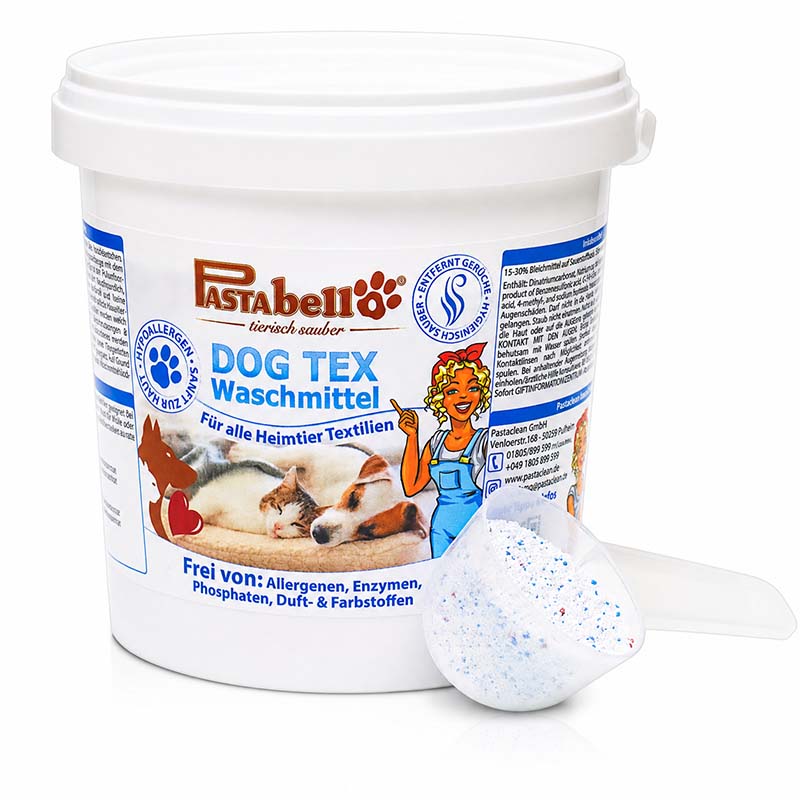 Pastaclean Dog Tex Waschmittel hypoallergen für Heimtier Textilien, entfernt Allergene und Gerüche, ideal für Hundebett und Katzentextilien, frei von Phosphaten und Duftstoffen, 1 kg Eimer
