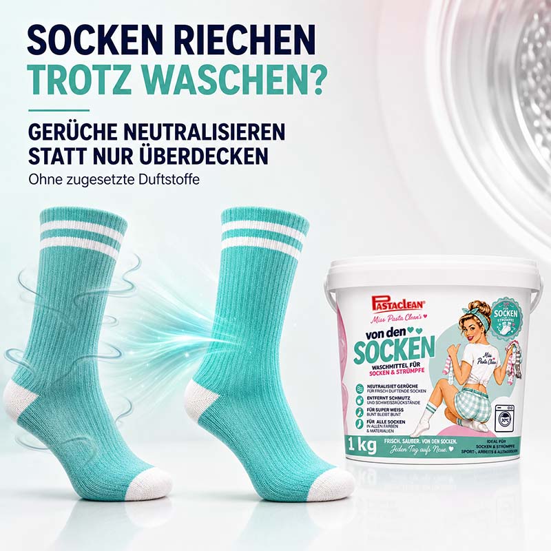 Pastaclean Spezialwaschmittel für Socken und Strümpfe, geruchsneutralisierend, gegen Schweißgeruch, ohne Duftstoffe, 1 kg Verpackung, Anwendung in Waschmaschine.