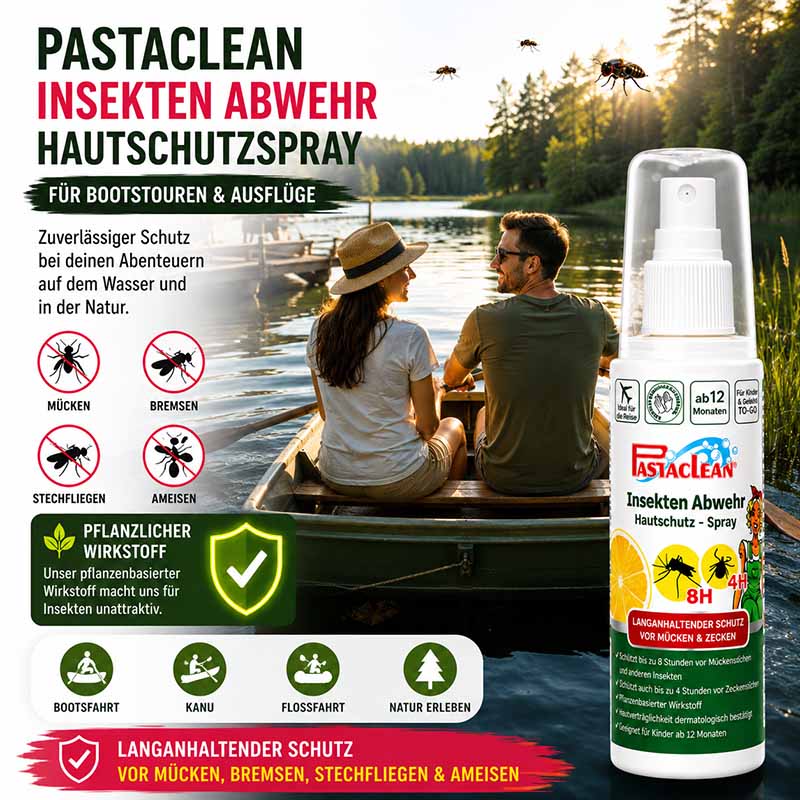 Pastaclean Insektenschutz Hautschutz Spray für Schutz vor Mücken, Zecken und Stechfliegen, ideal für Bootstouren und Ausflüge, mit pflanzlichem Wirkstoff, 100 ml