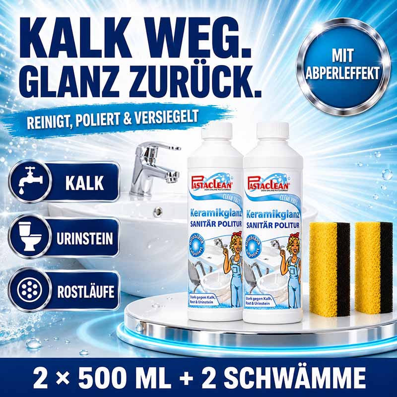 Pastaclean Sanitärpolitur 2x500ml mit Schwämmen zur Reinigung, Politur und Versiegelung von Sanitärkeramik, entfernt Kalk, Urinstein, Rostläufe, mit Abperleffekt, ideal für Bad und Küche.