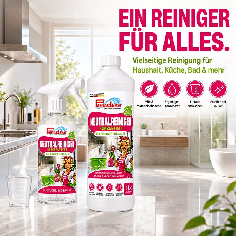 Pastaclean Neutralreiniger Konzentrat 1 L für vielseitige Reinigung in Küche, Bad, Böden und Fenster, ergiebig und materialschonend, ideal für den Haushalt.